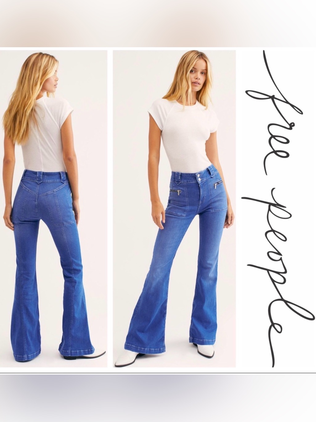 Free People Layla High Rise Flare Jeans Electric Blue Sz 29 Boho 70’s Bell